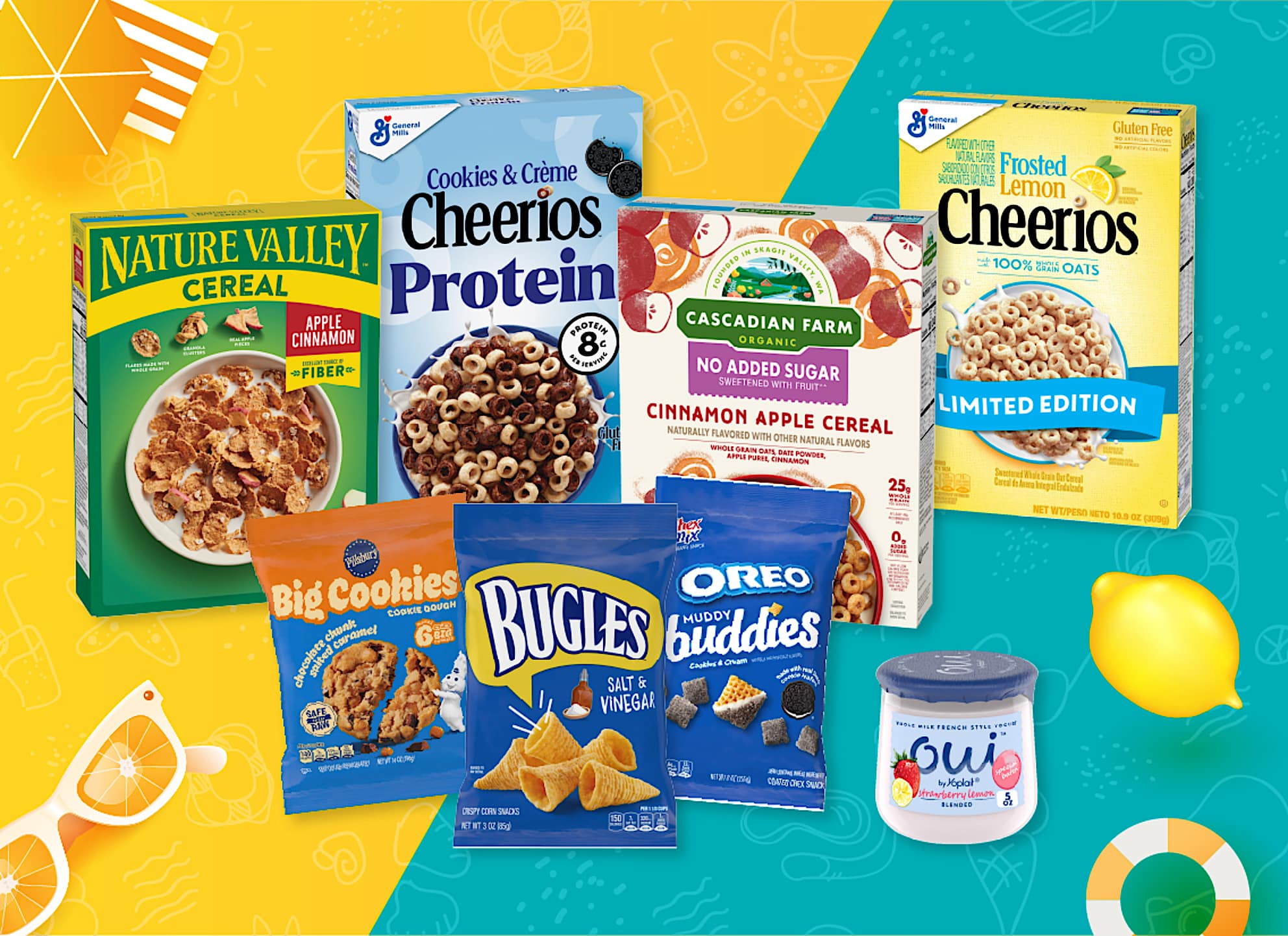 A collection of General Mills products on a summer background